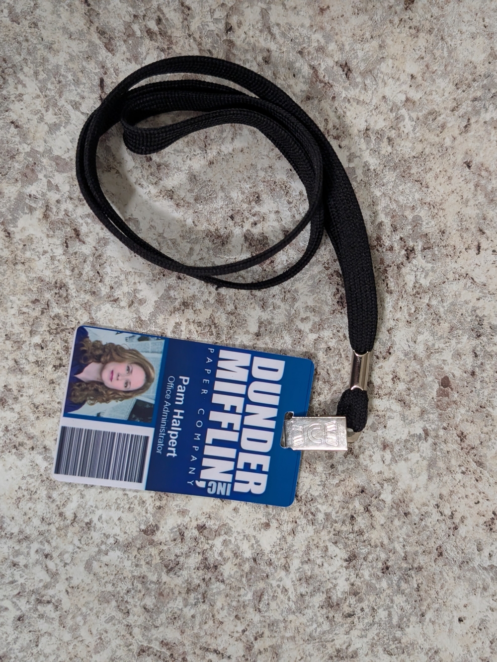 Dunder Mifflin Pam Halpert ID Badge on Black Lanyard